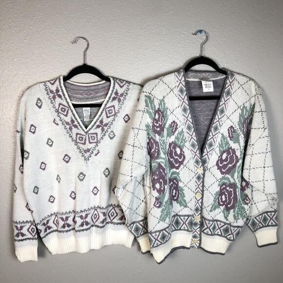 Unbranded Sweaters - Vintage Size Large Matching Sweater & Cardigan Pastel Knit Floral Cottage Flower